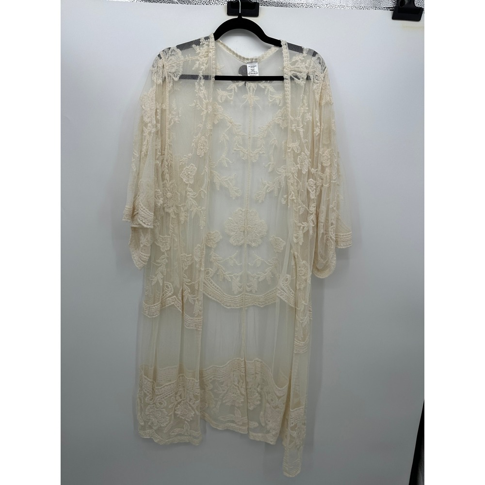 Cream Lace Boho Long Duster Cardigan Sz 2X-3X Festival Indie Hippie Sheer